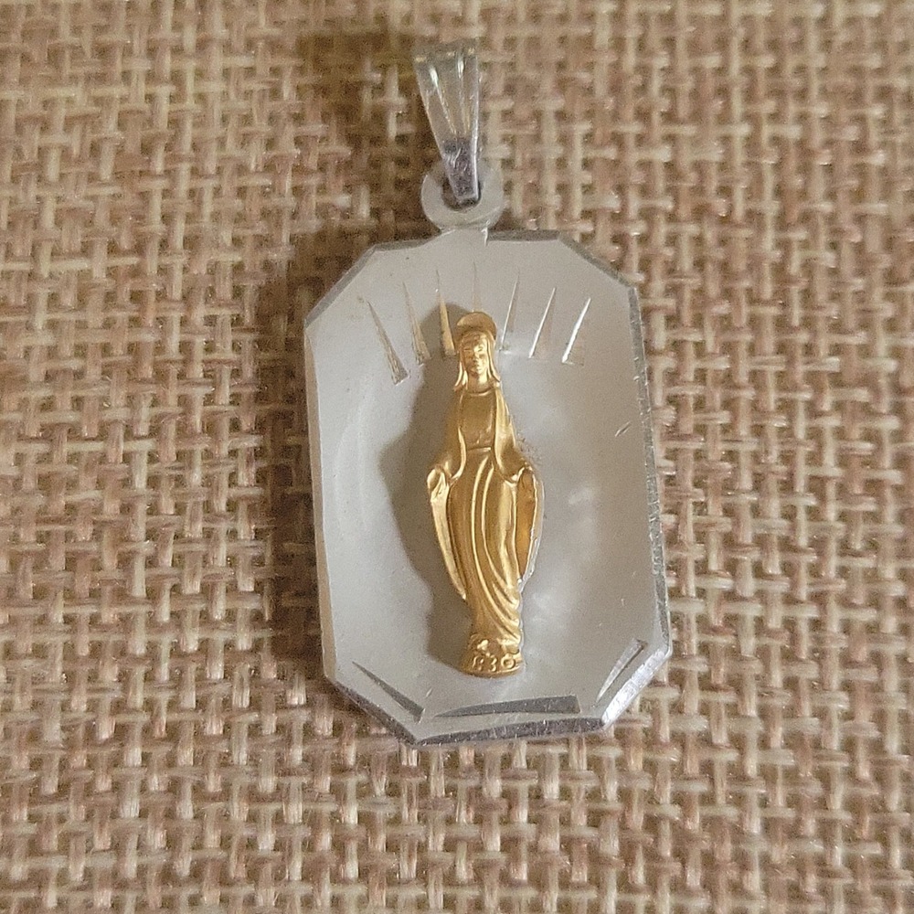 Vintage Germany Virgin Mary Pendant Silver Gold Tone Religious Medal Small 1in